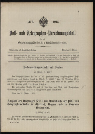 Post- und Telegraphen-Verordnungsblatt für das Verwaltungsgebiet des K.-K. Handelsministeriums 19150108 Seite: 1