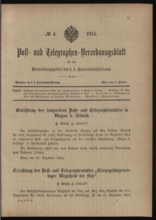 Post- und Telegraphen-Verordnungsblatt für das Verwaltungsgebiet des K.-K. Handelsministeriums 19150109 Seite: 1