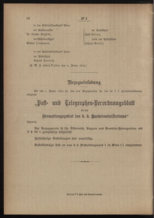 Post- und Telegraphen-Verordnungsblatt für das Verwaltungsgebiet des K.-K. Handelsministeriums 19150109 Seite: 4