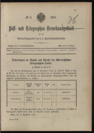 Post- und Telegraphen-Verordnungsblatt für das Verwaltungsgebiet des K.-K. Handelsministeriums 19150114 Seite: 1