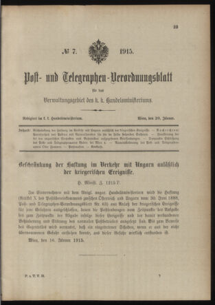 Post- und Telegraphen-Verordnungsblatt für das Verwaltungsgebiet des K.-K. Handelsministeriums 19150120 Seite: 1