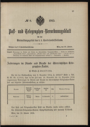 Post- und Telegraphen-Verordnungsblatt für das Verwaltungsgebiet des K.-K. Handelsministeriums 19150126 Seite: 1