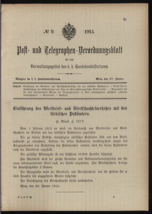 Post- und Telegraphen-Verordnungsblatt für das Verwaltungsgebiet des K.-K. Handelsministeriums 19150127 Seite: 1