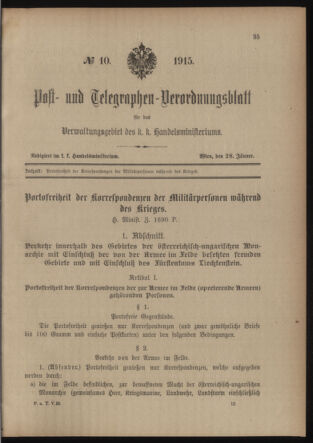 Post- und Telegraphen-Verordnungsblatt für das Verwaltungsgebiet des K.-K. Handelsministeriums 19150128 Seite: 1