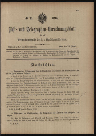 Post- und Telegraphen-Verordnungsblatt für das Verwaltungsgebiet des K.-K. Handelsministeriums 19150129 Seite: 1