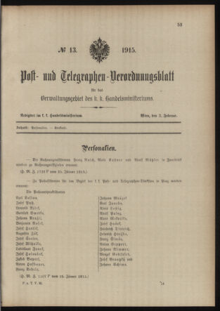 Post- und Telegraphen-Verordnungsblatt für das Verwaltungsgebiet des K.-K. Handelsministeriums 19150203 Seite: 1