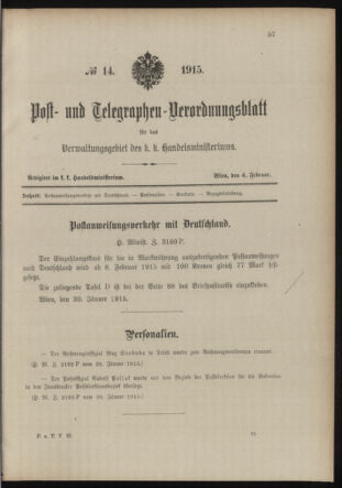 Post- und Telegraphen-Verordnungsblatt für das Verwaltungsgebiet des K.-K. Handelsministeriums 19150204 Seite: 1