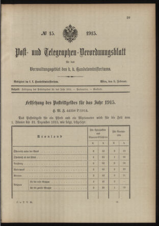 Post- und Telegraphen-Verordnungsblatt für das Verwaltungsgebiet des K.-K. Handelsministeriums 19150205 Seite: 1