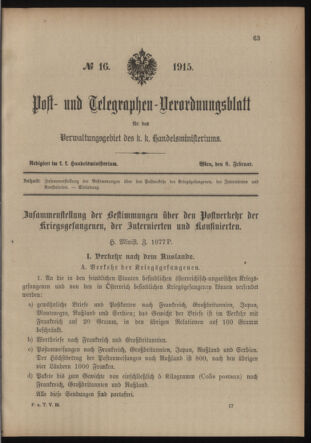 Post- und Telegraphen-Verordnungsblatt für das Verwaltungsgebiet des K.-K. Handelsministeriums 19150208 Seite: 1