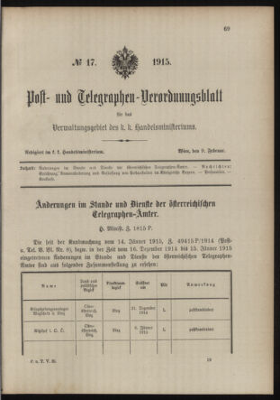 Post- und Telegraphen-Verordnungsblatt für das Verwaltungsgebiet des K.-K. Handelsministeriums 19150209 Seite: 1