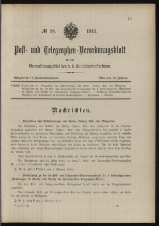 Post- und Telegraphen-Verordnungsblatt für das Verwaltungsgebiet des K.-K. Handelsministeriums 19150210 Seite: 1