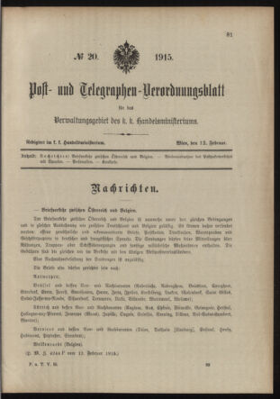 Post- und Telegraphen-Verordnungsblatt für das Verwaltungsgebiet des K.-K. Handelsministeriums 19150212 Seite: 1