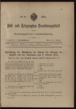 Post- und Telegraphen-Verordnungsblatt für das Verwaltungsgebiet des K.-K. Handelsministeriums 19150215 Seite: 1