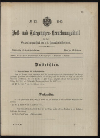 Post- und Telegraphen-Verordnungsblatt für das Verwaltungsgebiet des K.-K. Handelsministeriums 19150217 Seite: 1