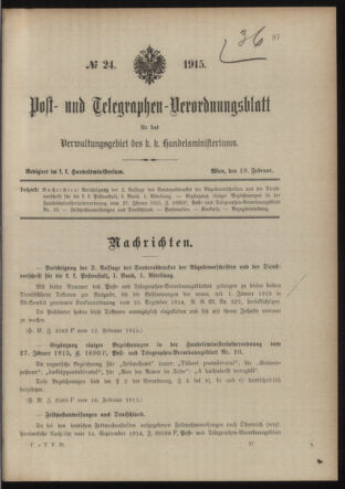 Post- und Telegraphen-Verordnungsblatt für das Verwaltungsgebiet des K.-K. Handelsministeriums 19150219 Seite: 1