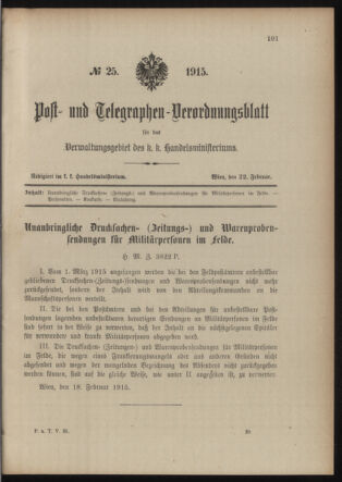 Post- und Telegraphen-Verordnungsblatt für das Verwaltungsgebiet des K.-K. Handelsministeriums 19150222 Seite: 1