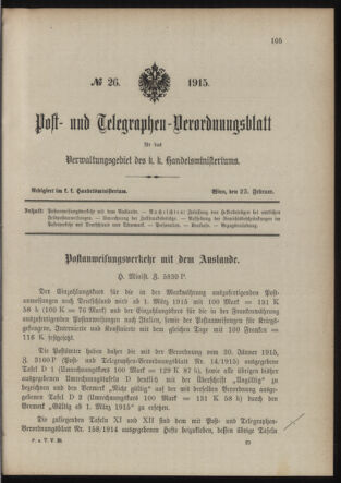 Post- und Telegraphen-Verordnungsblatt für das Verwaltungsgebiet des K.-K. Handelsministeriums 19150225 Seite: 1