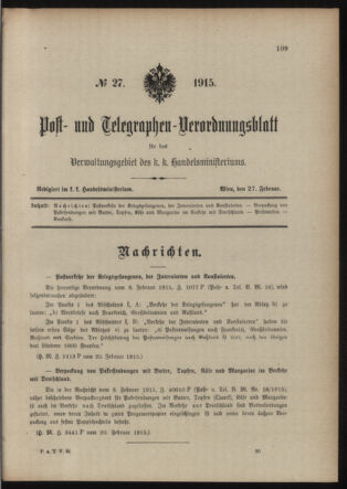 Post- und Telegraphen-Verordnungsblatt für das Verwaltungsgebiet des K.-K. Handelsministeriums 19150227 Seite: 1