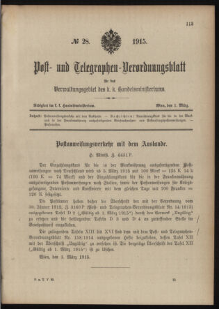 Post- und Telegraphen-Verordnungsblatt für das Verwaltungsgebiet des K.-K. Handelsministeriums 19150301 Seite: 1