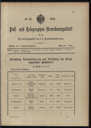 Post- und Telegraphen-Verordnungsblatt für das Verwaltungsgebiet des K.-K. Handelsministeriums 19150304 Seite: 1