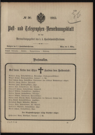 Post- und Telegraphen-Verordnungsblatt für das Verwaltungsgebiet des K.-K. Handelsministeriums 19150305 Seite: 1