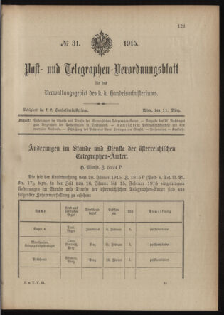 Post- und Telegraphen-Verordnungsblatt für das Verwaltungsgebiet des K.-K. Handelsministeriums 19150311 Seite: 1