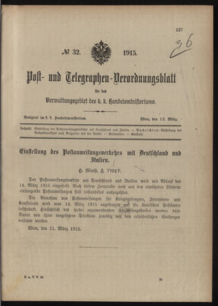 Post- und Telegraphen-Verordnungsblatt für das Verwaltungsgebiet des K.-K. Handelsministeriums 19150313 Seite: 1