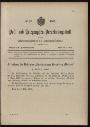 Post- und Telegraphen-Verordnungsblatt für das Verwaltungsgebiet des K.-K. Handelsministeriums 19150316 Seite: 1