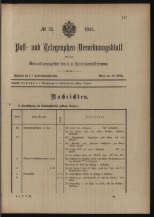 Post- und Telegraphen-Verordnungsblatt für das Verwaltungsgebiet des K.-K. Handelsministeriums 19150319 Seite: 1