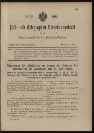 Post- und Telegraphen-Verordnungsblatt für das Verwaltungsgebiet des K.-K. Handelsministeriums 19150323 Seite: 1