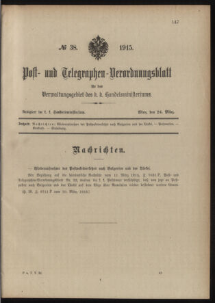 Post- und Telegraphen-Verordnungsblatt für das Verwaltungsgebiet des K.-K. Handelsministeriums