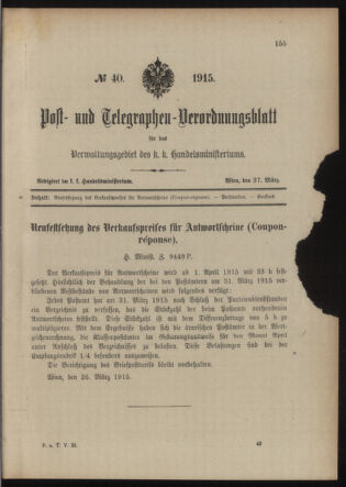 Post- und Telegraphen-Verordnungsblatt für das Verwaltungsgebiet des K.-K. Handelsministeriums 19150327 Seite: 5