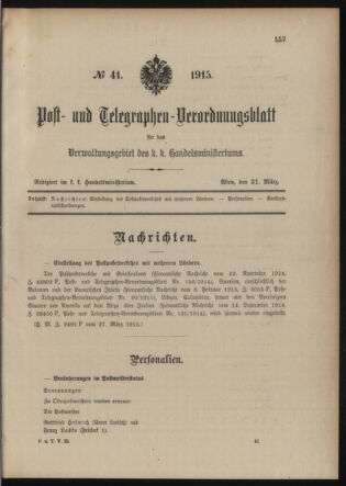 Post- und Telegraphen-Verordnungsblatt für das Verwaltungsgebiet des K.-K. Handelsministeriums 19150331 Seite: 1