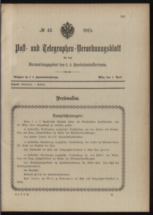 Post- und Telegraphen-Verordnungsblatt für das Verwaltungsgebiet des K.-K. Handelsministeriums 19150401 Seite: 1