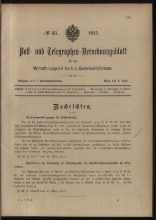 Post- und Telegraphen-Verordnungsblatt für das Verwaltungsgebiet des K.-K. Handelsministeriums 19150402 Seite: 1