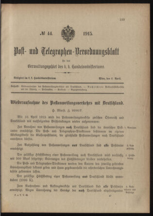 Post- und Telegraphen-Verordnungsblatt für das Verwaltungsgebiet des K.-K. Handelsministeriums 19150406 Seite: 1