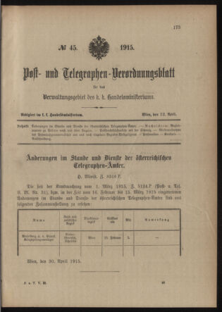 Post- und Telegraphen-Verordnungsblatt für das Verwaltungsgebiet des K.-K. Handelsministeriums 19150412 Seite: 1