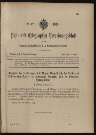 Post- und Telegraphen-Verordnungsblatt für das Verwaltungsgebiet des K.-K. Handelsministeriums 19150414 Seite: 1