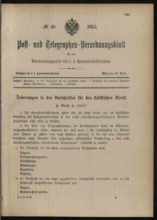 Post- und Telegraphen-Verordnungsblatt für das Verwaltungsgebiet des K.-K. Handelsministeriums 19150416 Seite: 1