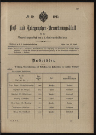 Post- und Telegraphen-Verordnungsblatt für das Verwaltungsgebiet des K.-K. Handelsministeriums 19150420 Seite: 1