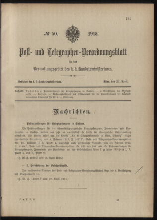 Post- und Telegraphen-Verordnungsblatt für das Verwaltungsgebiet des K.-K. Handelsministeriums 19150421 Seite: 1