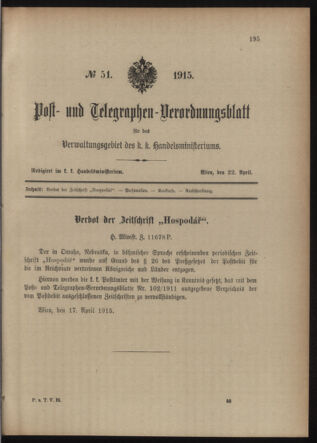 Post- und Telegraphen-Verordnungsblatt für das Verwaltungsgebiet des K.-K. Handelsministeriums 19150422 Seite: 1