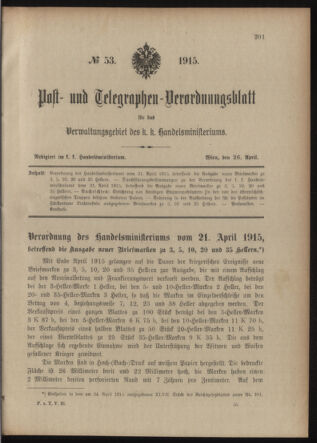 Post- und Telegraphen-Verordnungsblatt für das Verwaltungsgebiet des K.-K. Handelsministeriums 19150426 Seite: 1