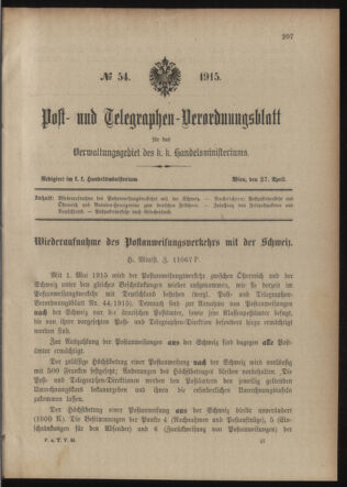 Post- und Telegraphen-Verordnungsblatt für das Verwaltungsgebiet des K.-K. Handelsministeriums 19150427 Seite: 1