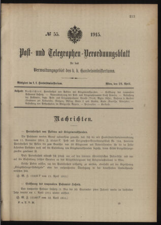 Post- und Telegraphen-Verordnungsblatt für das Verwaltungsgebiet des K.-K. Handelsministeriums 19150428 Seite: 1