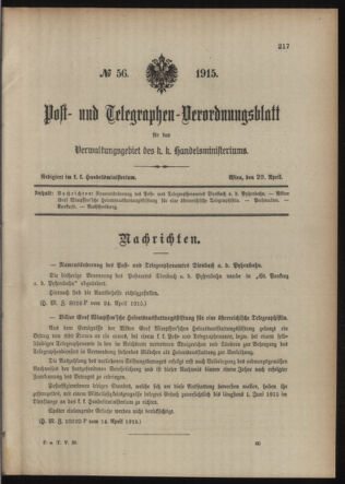 Post- und Telegraphen-Verordnungsblatt für das Verwaltungsgebiet des K.-K. Handelsministeriums 19150429 Seite: 1