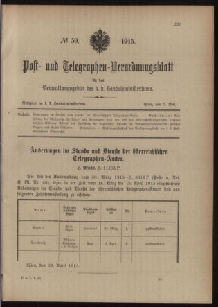 Post- und Telegraphen-Verordnungsblatt für das Verwaltungsgebiet des K.-K. Handelsministeriums 19150507 Seite: 1