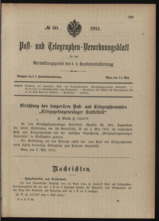 Post- und Telegraphen-Verordnungsblatt für das Verwaltungsgebiet des K.-K. Handelsministeriums 19150511 Seite: 1