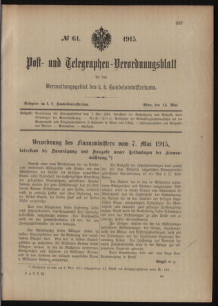 Post- und Telegraphen-Verordnungsblatt für das Verwaltungsgebiet des K.-K. Handelsministeriums 19150514 Seite: 1