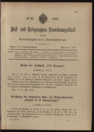 Post- und Telegraphen-Verordnungsblatt für das Verwaltungsgebiet des K.-K. Handelsministeriums 19150517 Seite: 1